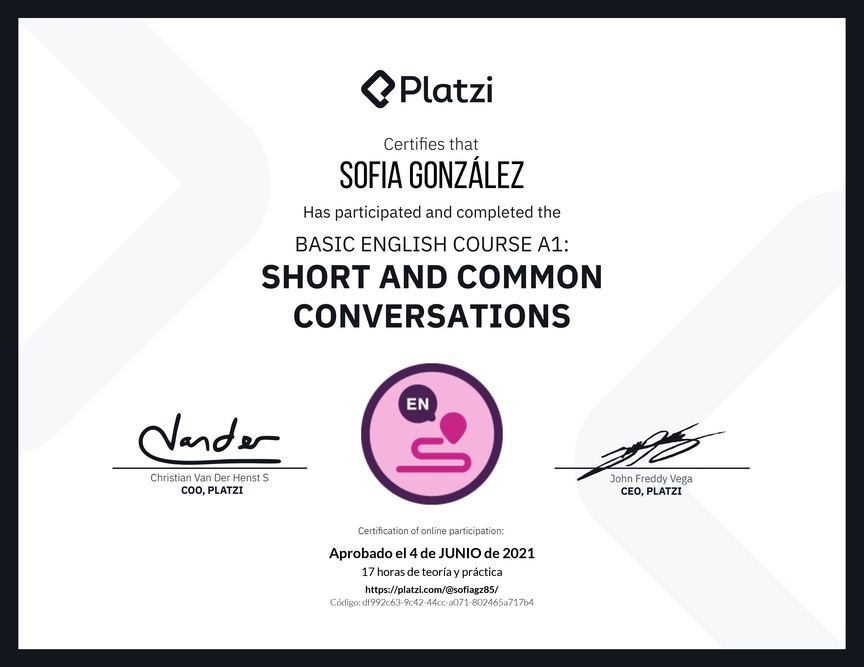 Diploma del Curso de Inglés Básico A1: Conversaciones Cortas y Habituales (2020)