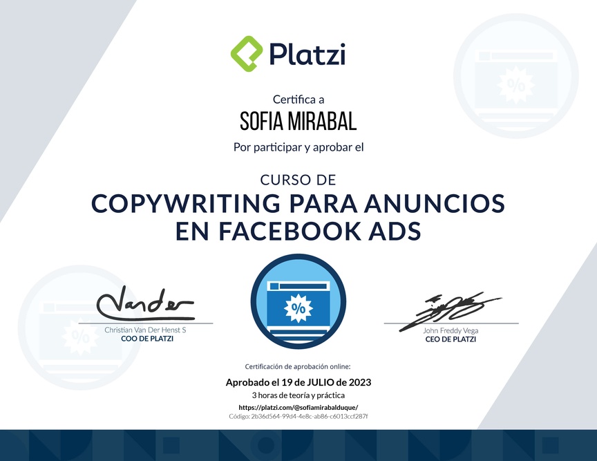 Diploma del Curso de Técnicas de Copywriting para Facebook Ads