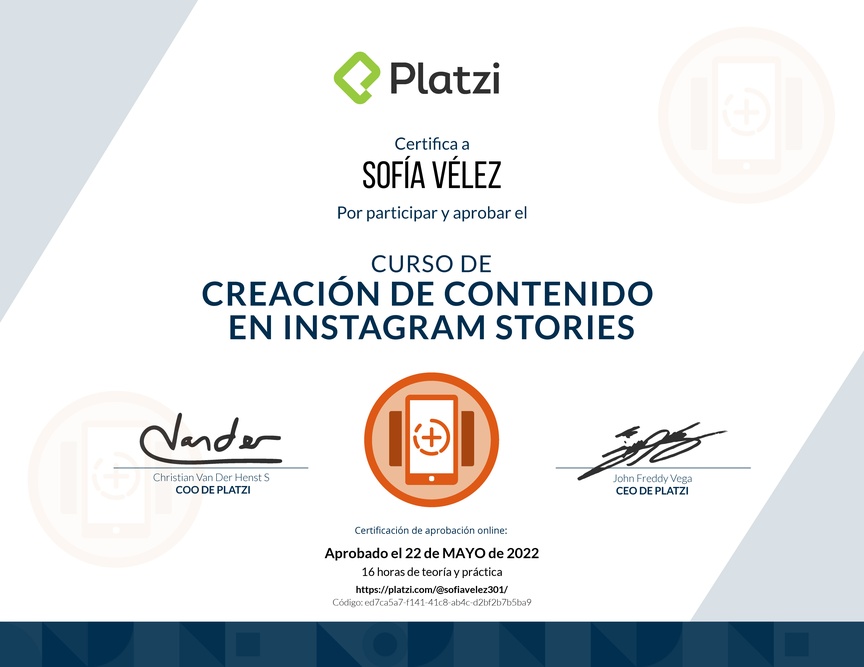 Diploma del Curso de Diseño y Edición de Instagram Stories