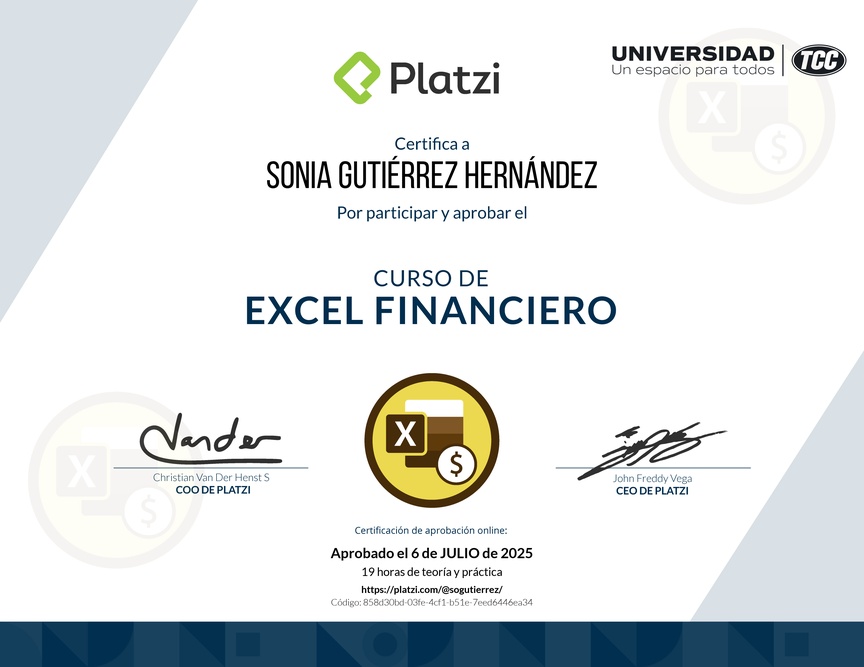 Diploma del Curso de Análisis Financiero en Excel