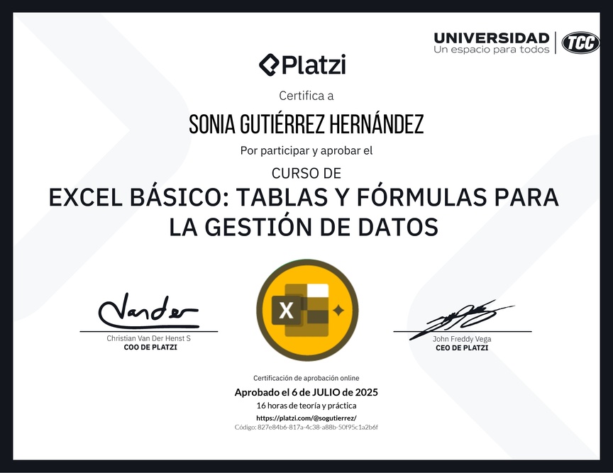 Diploma del Curso de Excel Básico: Tablas y Fórmulas para la Gestión de Datos