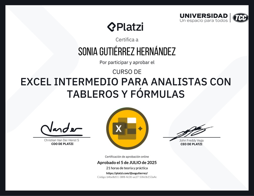 Diploma del Curso de Excel Intermedio para Analistas con Tableros y Fórmulas