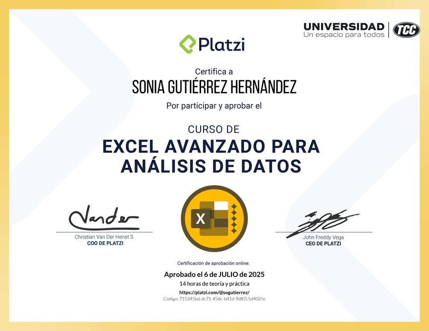 Diploma del Curso de Excel Avanzado para Análisis de Datos