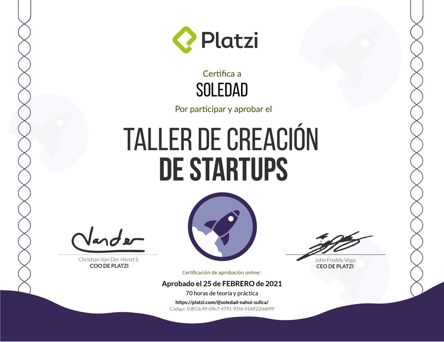 Diploma de Taller de creación de Startups 2019