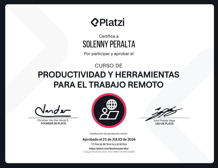 Diploma del Curso de Productividad y Herramientas para el Trabajo Remoto