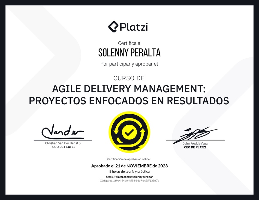 Diploma del Curso de Agile Delivery Management: Proyectos Enfocados en Resultados