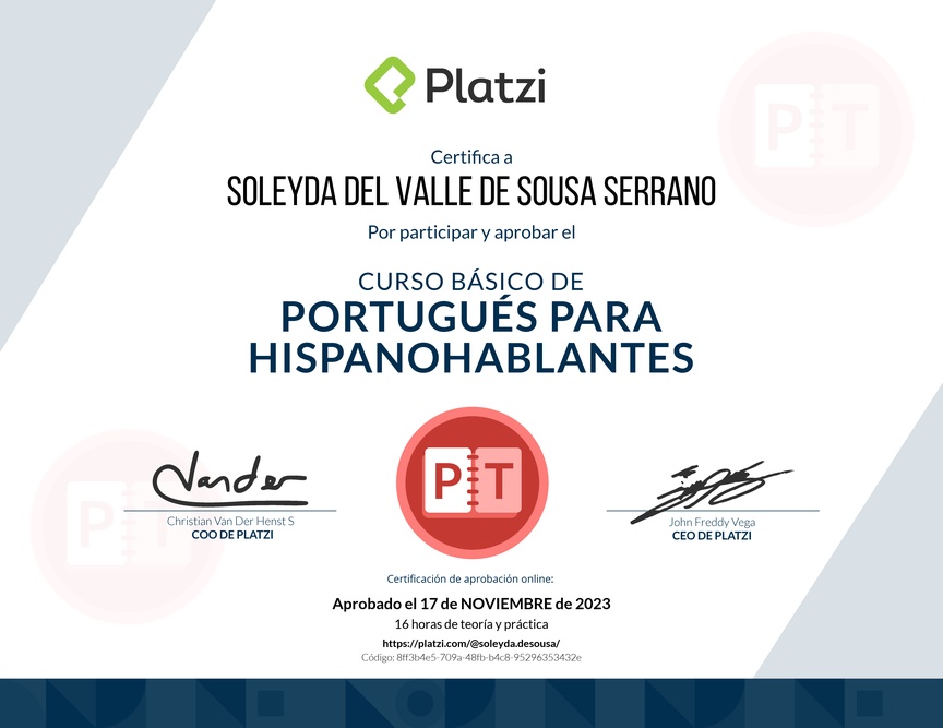 Diploma del Curso de Portugués para Hispanohablantes