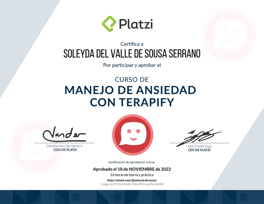 Diploma del Curso de Manejo de Ansiedad con Terapify