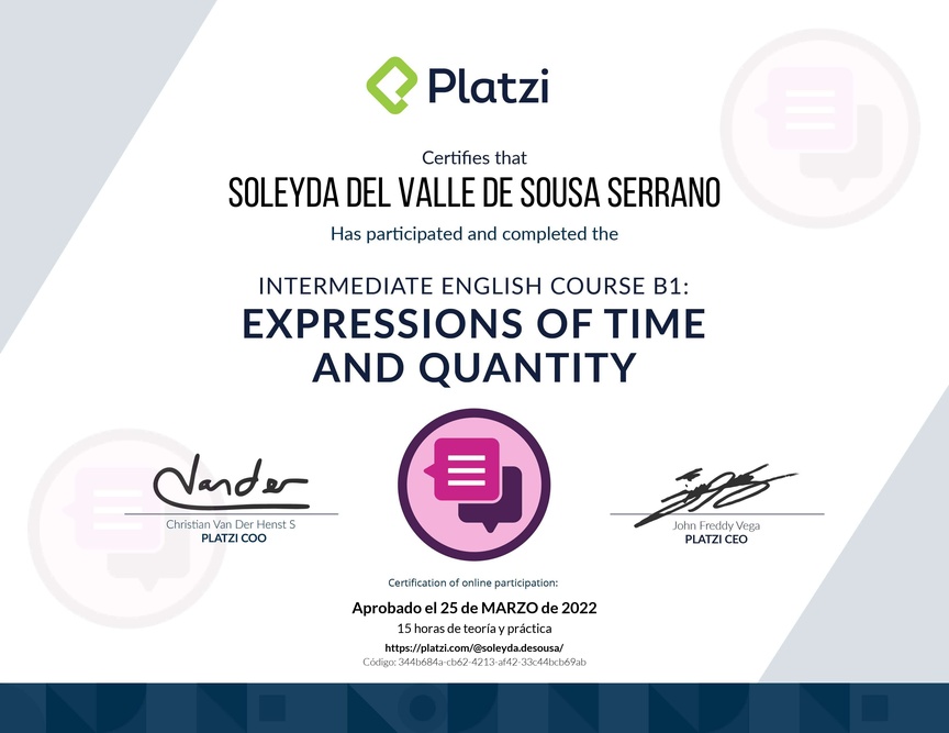 Diploma del Curso de Inglés Intermedio: Expresiones de Tiempo y Cantidad 2021