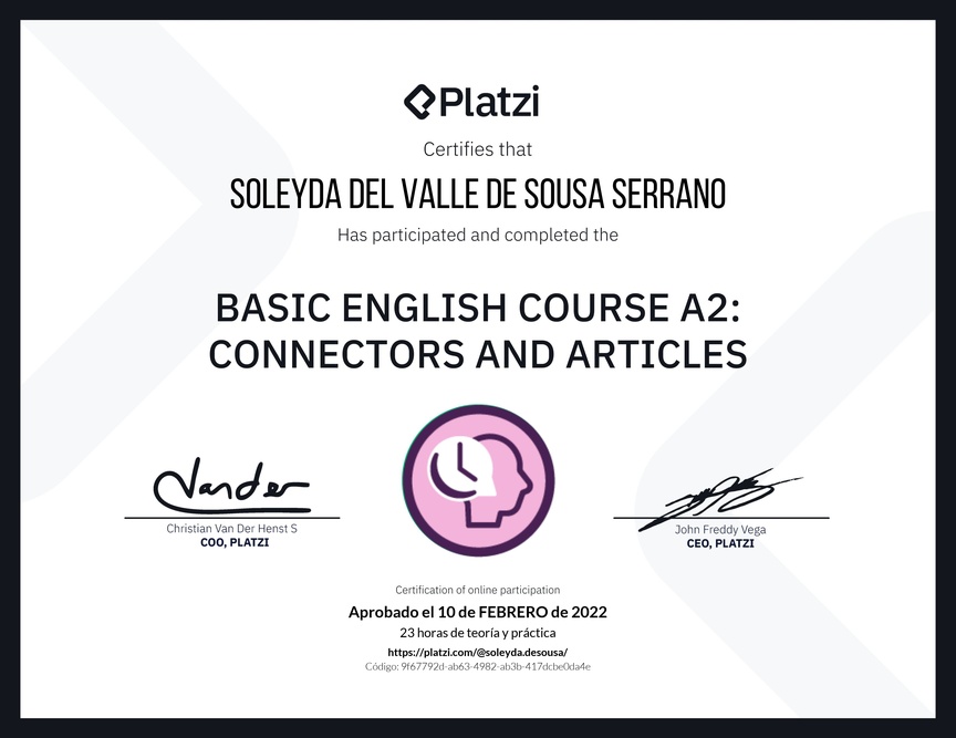 Diploma del Curso de Inglés Básico A2: Conectores y Artículos