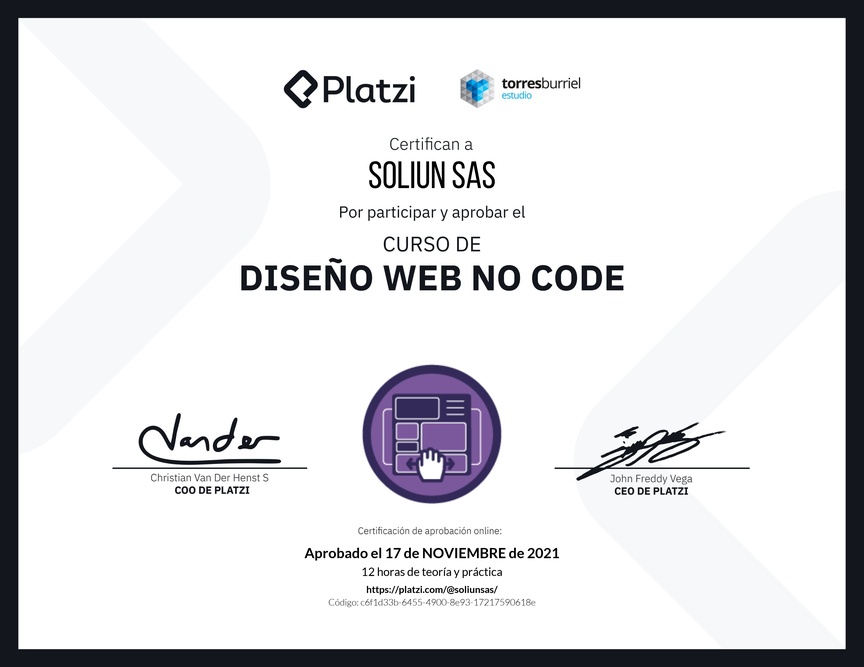 Diploma del Curso de Diseño Web No Code