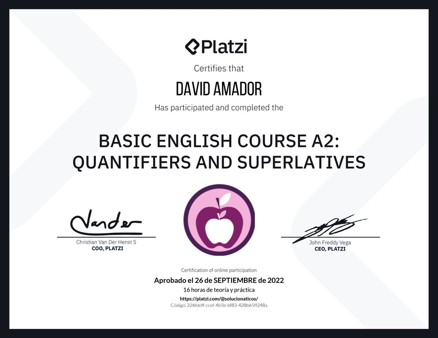 Diploma del Curso de Inglés Básico A2: Cuantificadores y Superlativos