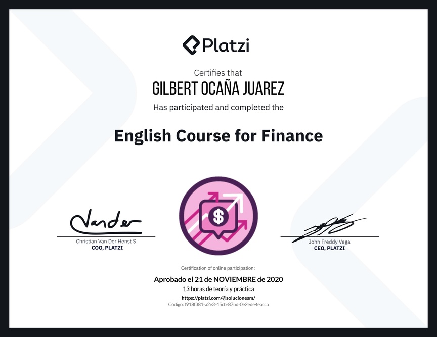 Diploma del Curso de Inglés para Finanzas (2020)