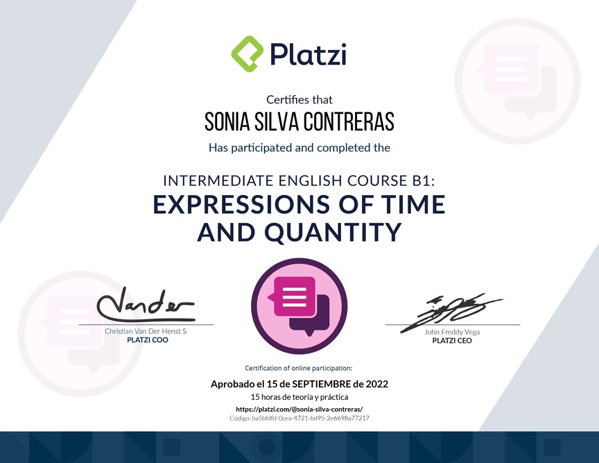 Diploma del Curso de Inglés Intermedio: Expresiones de Tiempo y Cantidad 2021