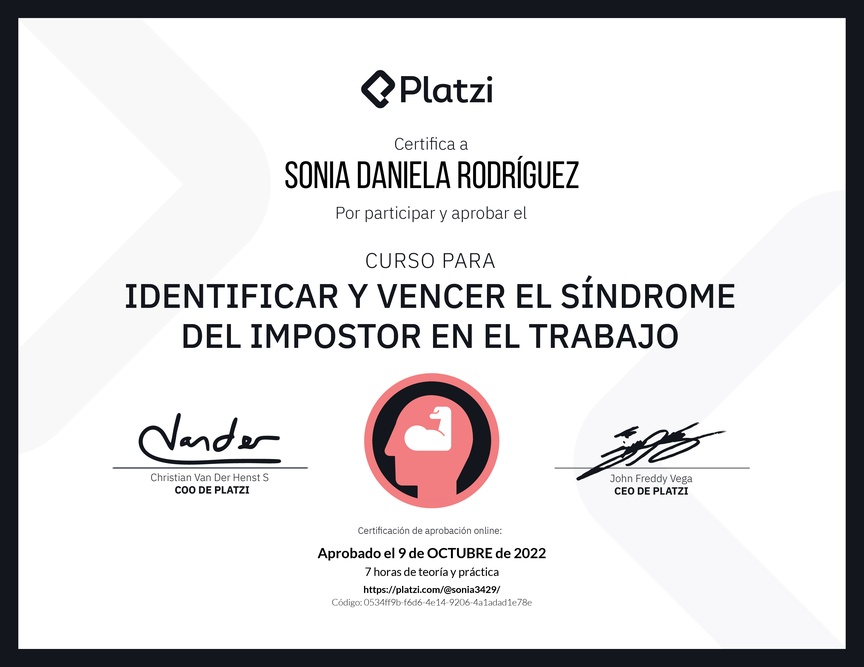 Diploma del Curso para Identificar y Vencer el Síndrome del Impostor