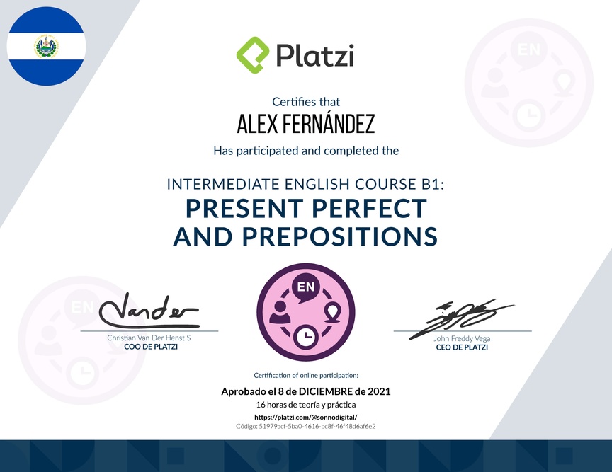 Diploma del Curso de Inglés Intermedio B1: Presente Perfecto y Preposiciones