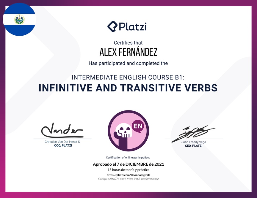 Diploma del Curso de Inglés Intermedio B1: Verbos Infinitivos y Transitivos (2021)