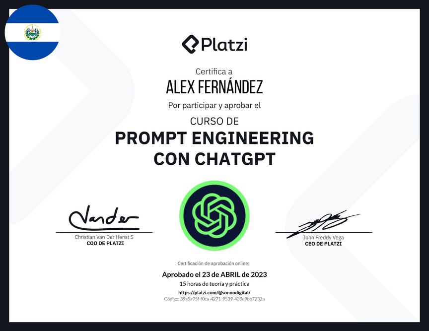Diploma del Curso de Prompt Engineering con ChatGPT