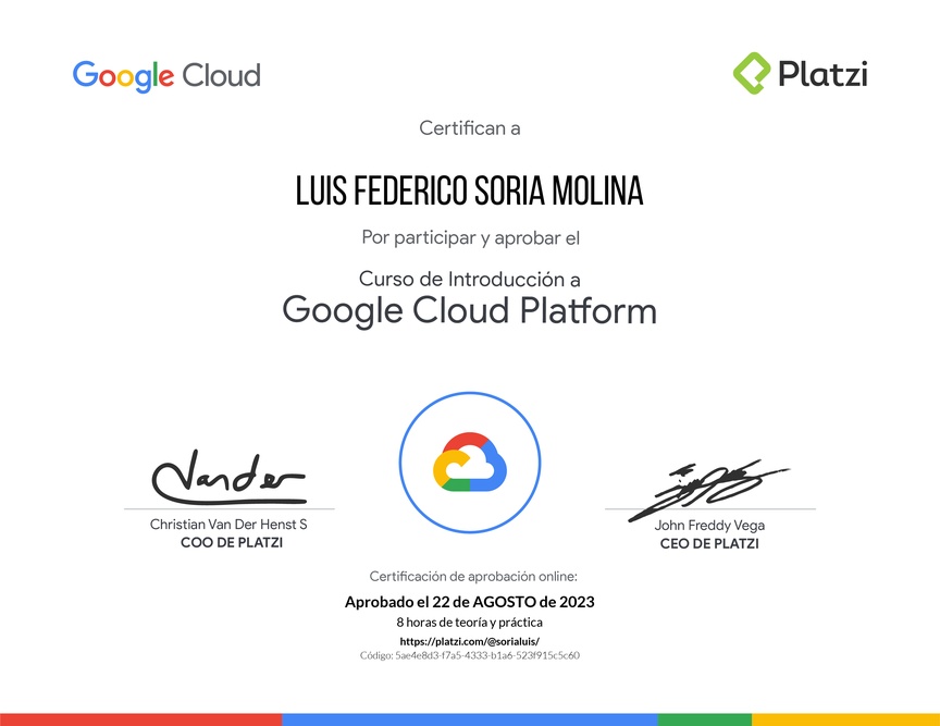 Diploma del Curso de Introducción a Google Cloud Platform