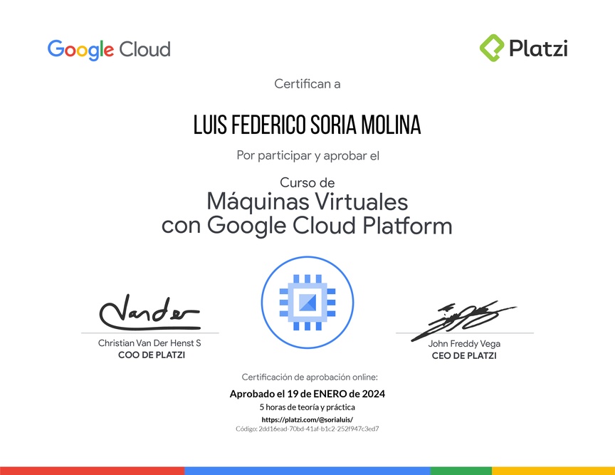 Diploma del Curso de Máquinas Virtuales con Google Cloud Platform
