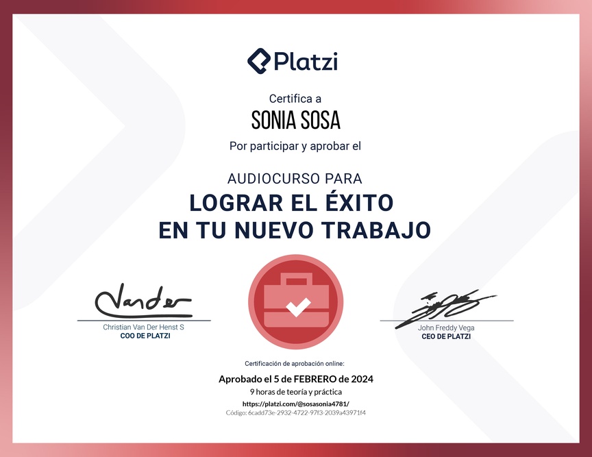 Diploma de Audiocurso para Lograr el Éxito en tu Nuevo Trabajo