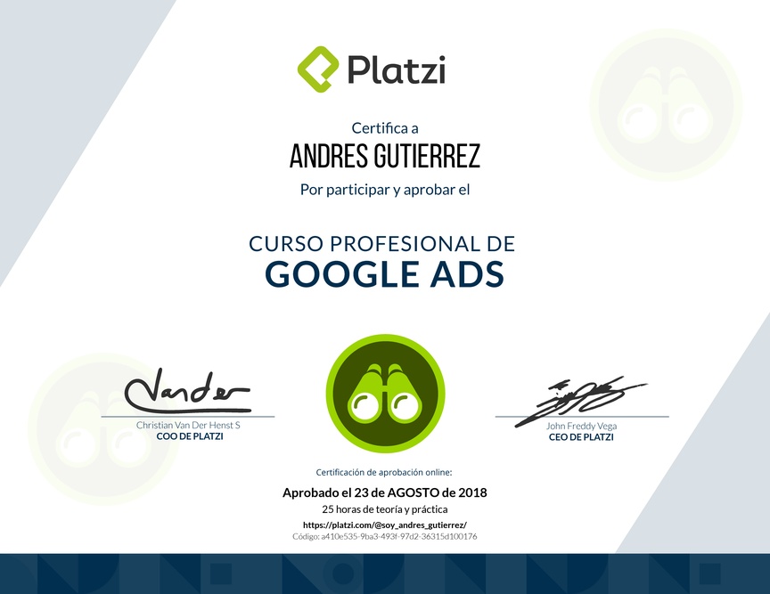 Diploma del Curso Profesional de Google Ads 2017