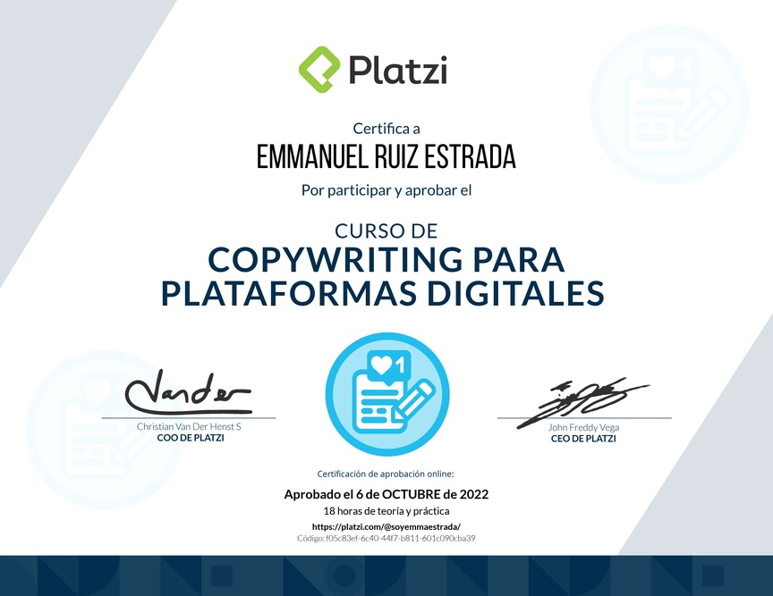 Diploma del Curso de Copywriting para Plataformas Digitales