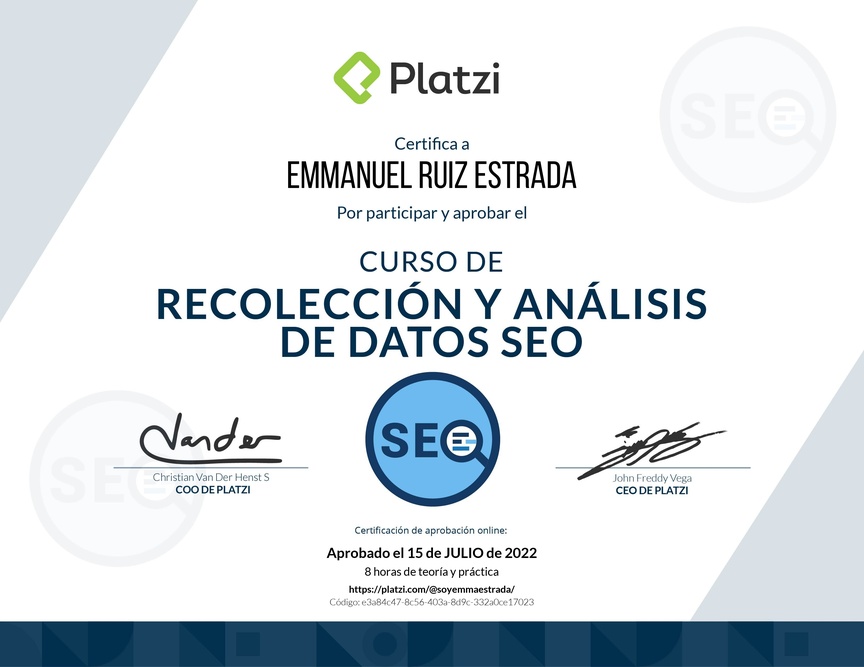 Diploma del Curso de Recolección y Análisis de datos SEO