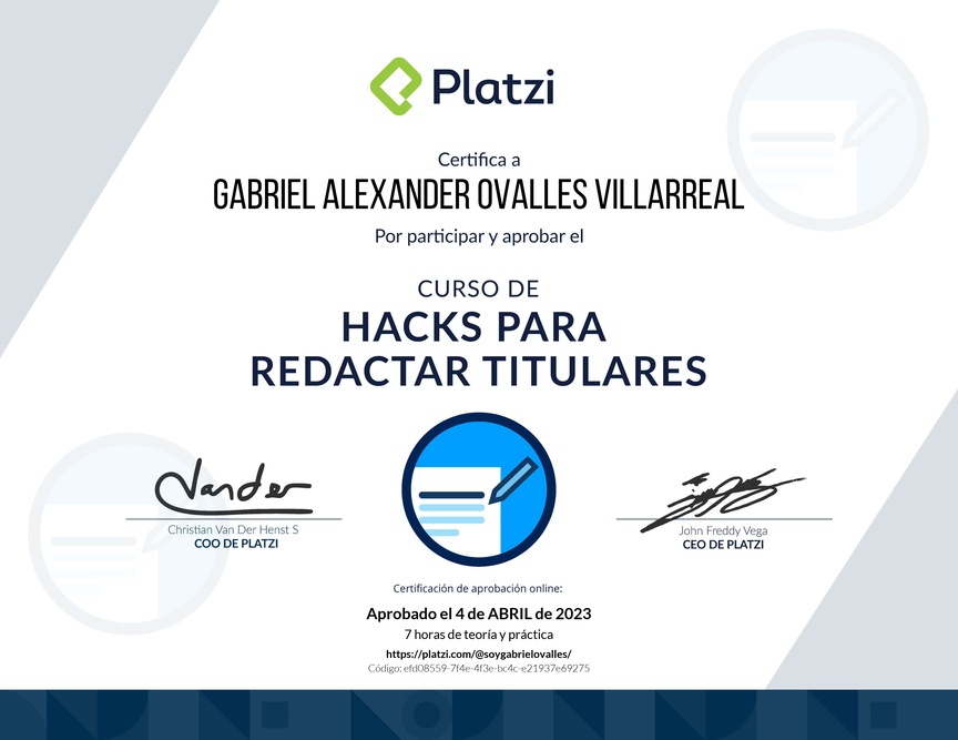 Diploma del Curso de Hacks para Redactar Titulares