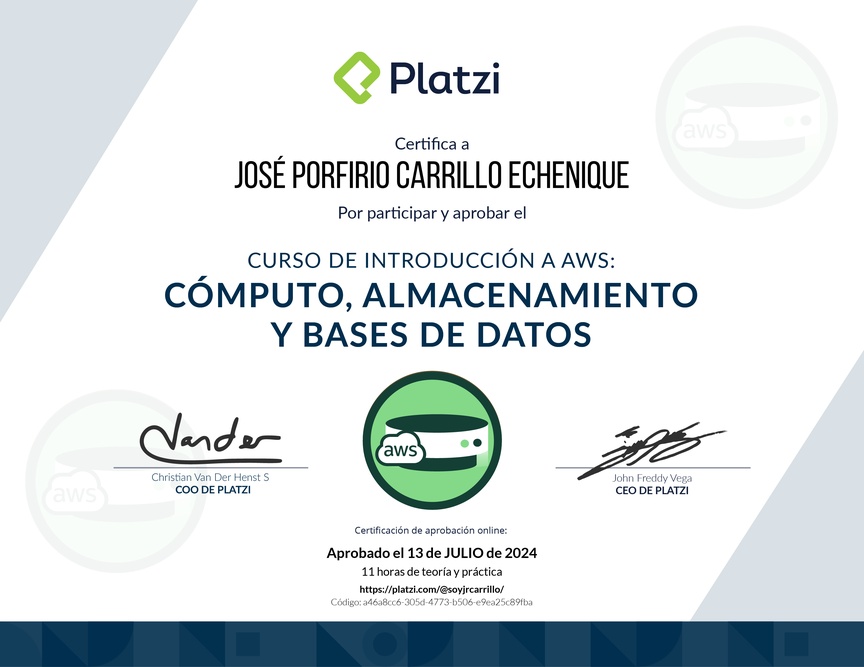 Diploma del Curso de Introducción a AWS: Cómputo, Almacenamiento y Bases de Datos
