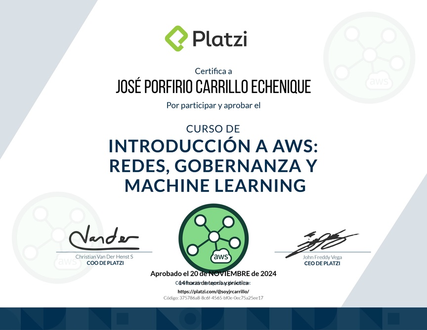 Diploma del Curso de Introducción a AWS: Redes, Gobernanza y Machine Learning