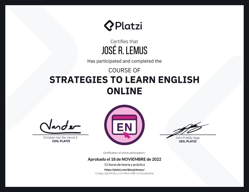 Diploma del Curso Gratis de Estrategias para Aprender Inglés en Línea