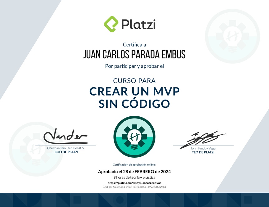 Diploma del Curso para Crear un MVP sin Código