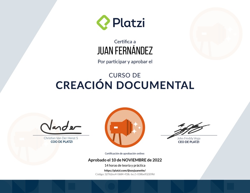 Diploma del Curso para Crear Contenido con Enfoque Documental