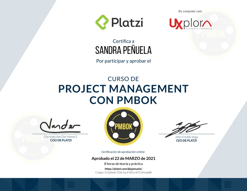 Diploma del Curso de Project Management con PMBOK