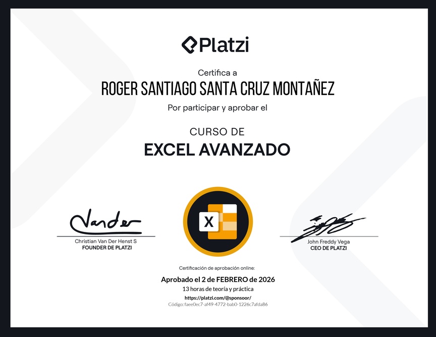 Diploma del Curso de Excel Avanzado