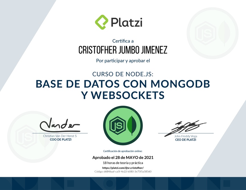 Diploma del Curso de Node.js: Base de Datos con MongoDB y WebSockets