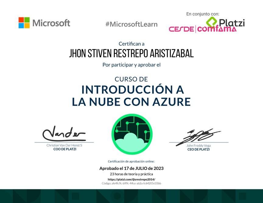 Diploma del Curso de Introducción a la Nube con Azure