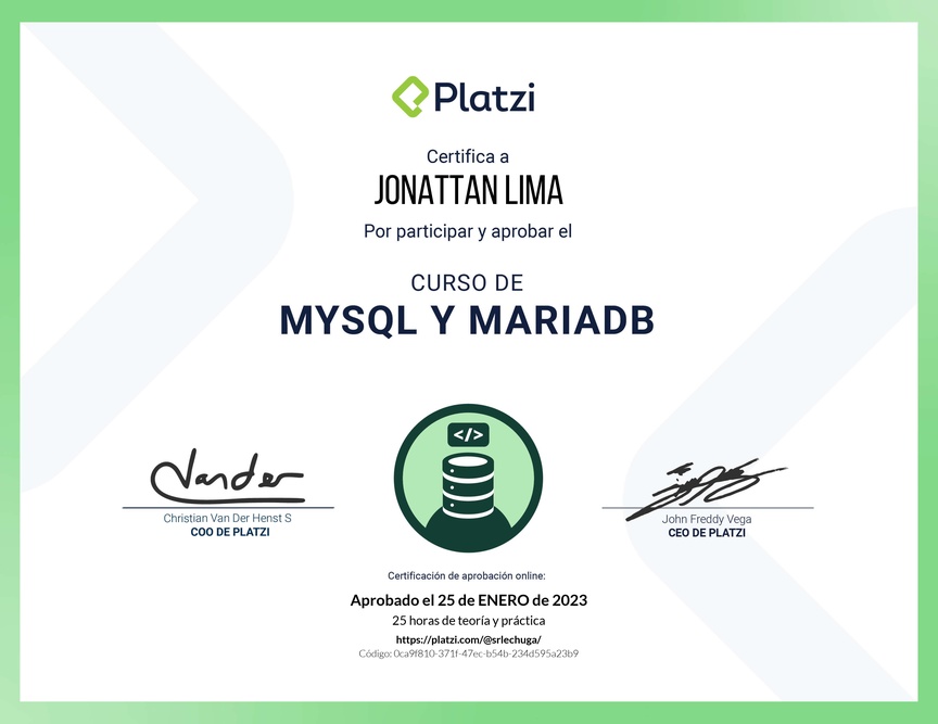Diploma del Curso de Bases de Datos con MySQL y MariaDB