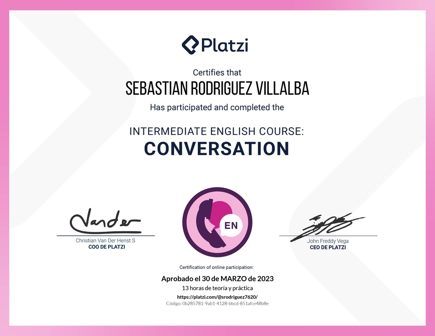 Diploma del Curso de Inglés Intermedio: Conversación 2020