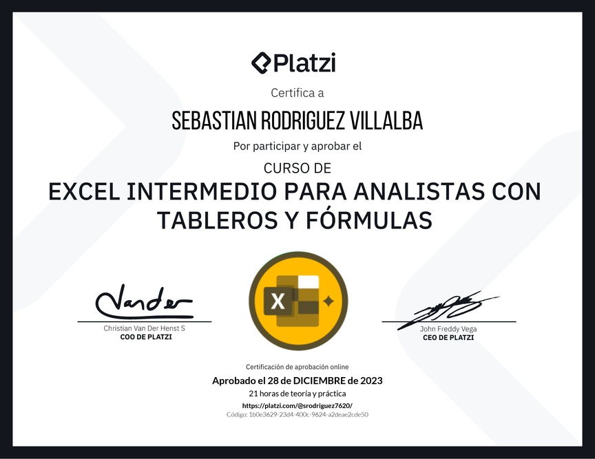 Diploma del Curso de Excel Intermedio para Analistas con Tableros y Fórmulas