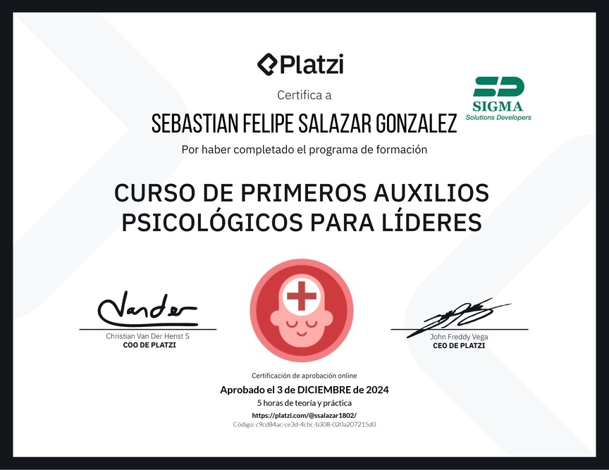 Diploma del Curso de Primeros Auxilios Psicológicos para Líderes