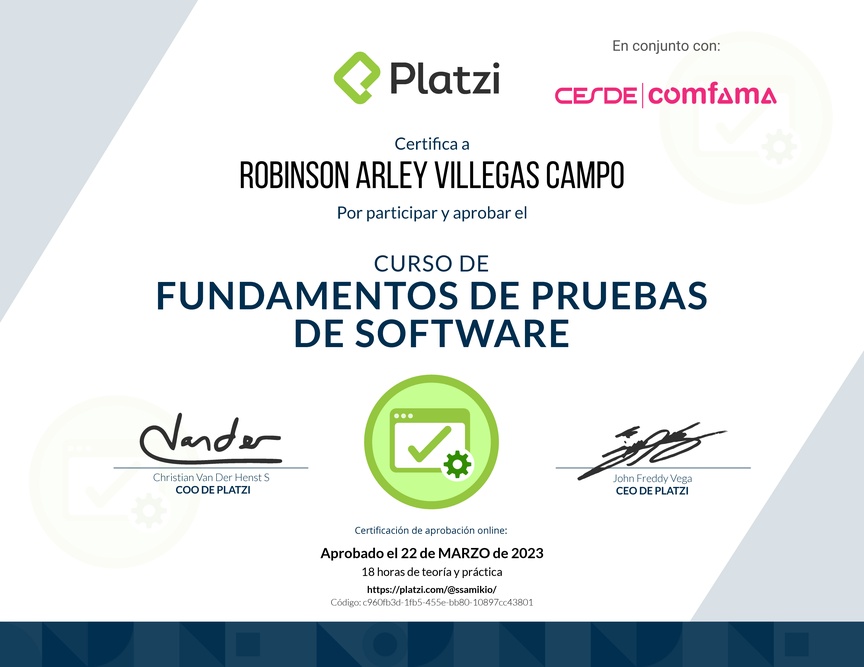 Diploma del Curso de Fundamentos de Pruebas de Software