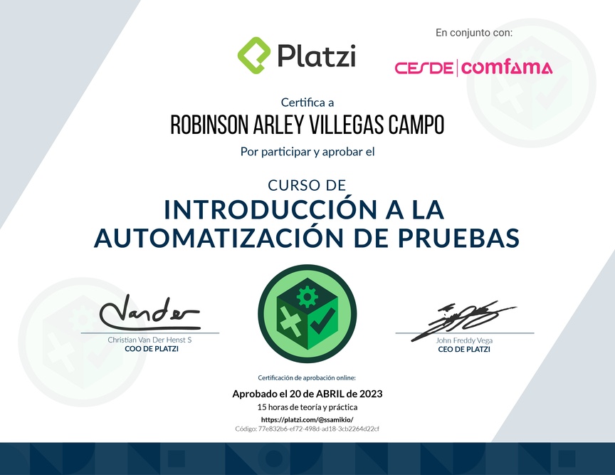 Diploma del Curso de Introducción a la Automatización de Pruebas