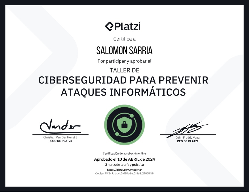 Diploma del Curso de Introducción a Ciberseguridad: Prevención de Ataques Informáticos