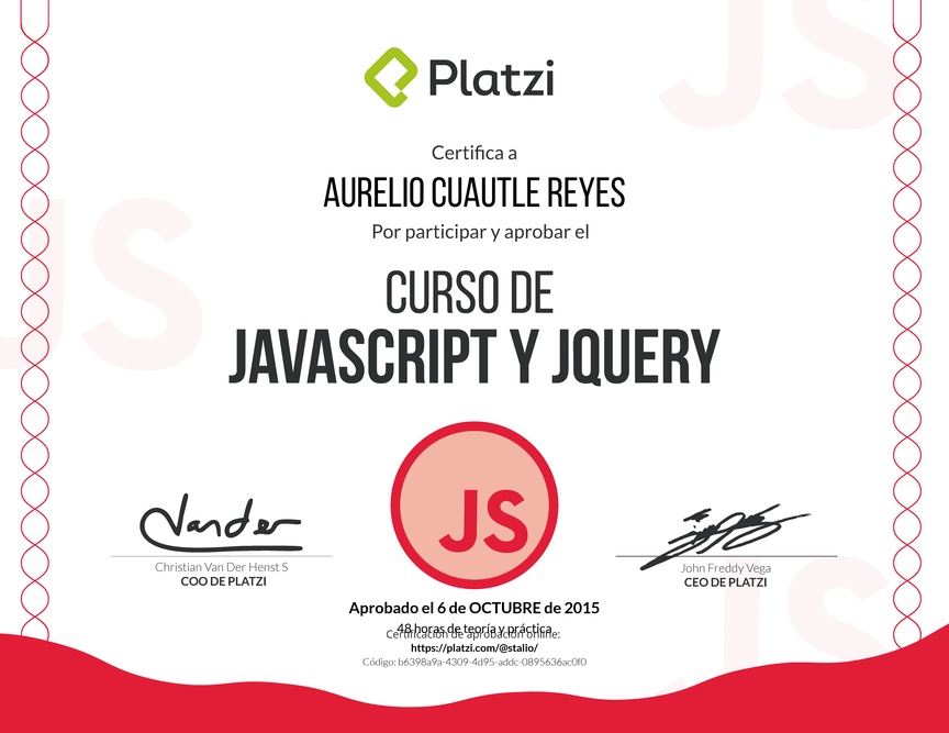 Diploma del Curso de Javascript y JQuery Febrero 2015