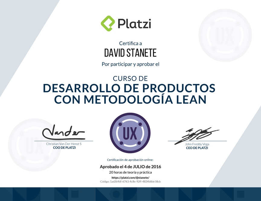Diploma del Curso de Desarrollo de Productos con Metodología Lean 2016