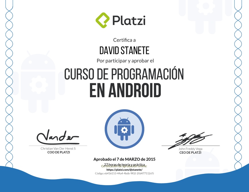 Diploma del Curso de programación en Android 2015