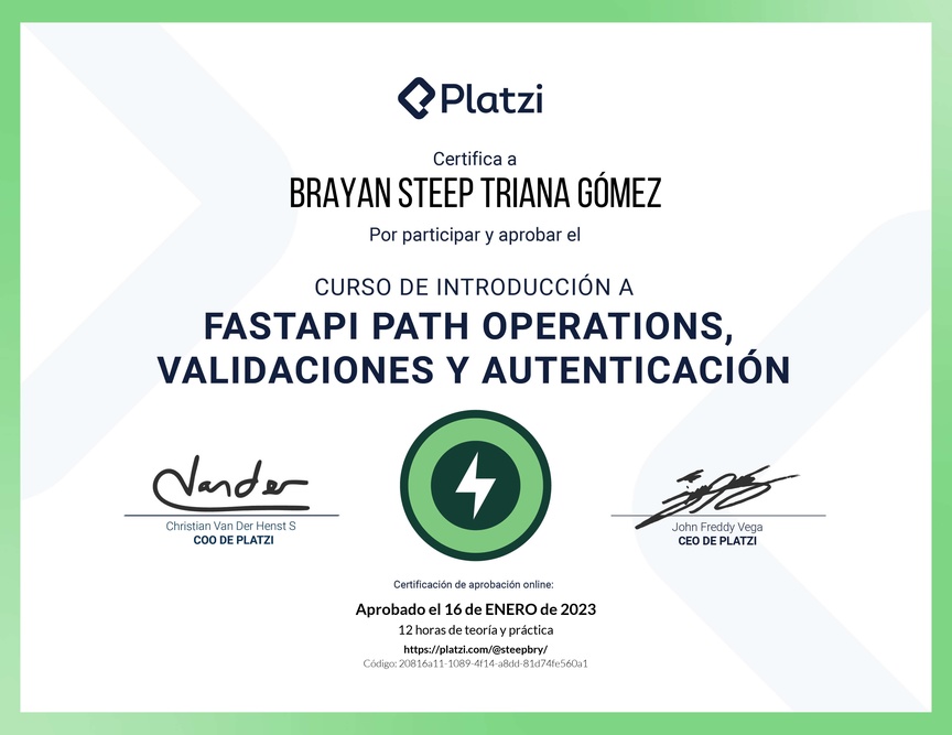 Diploma del Curso de FastAPI: Introducción, Operaciones, Validaciones y Autenticación