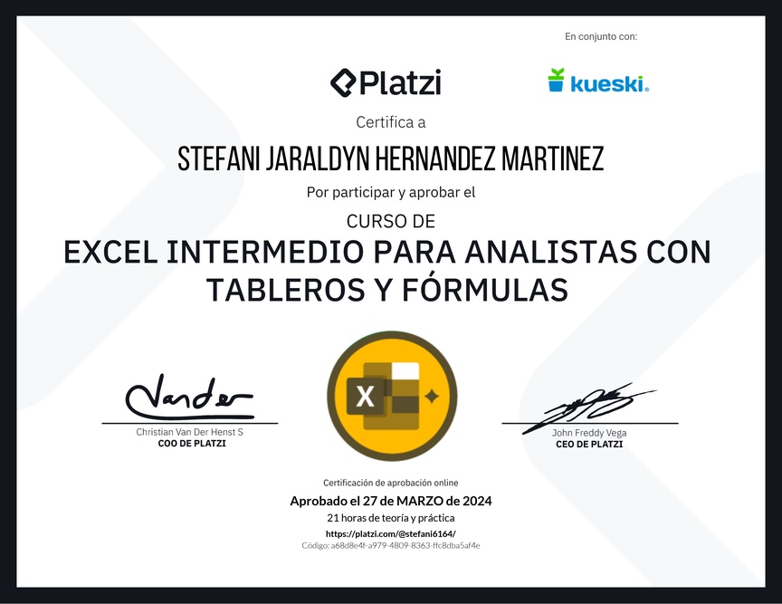 Diploma del Curso de Excel Intermedio para Analistas con Tableros y Fórmulas